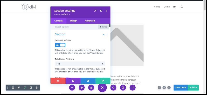 convert divi section into tab